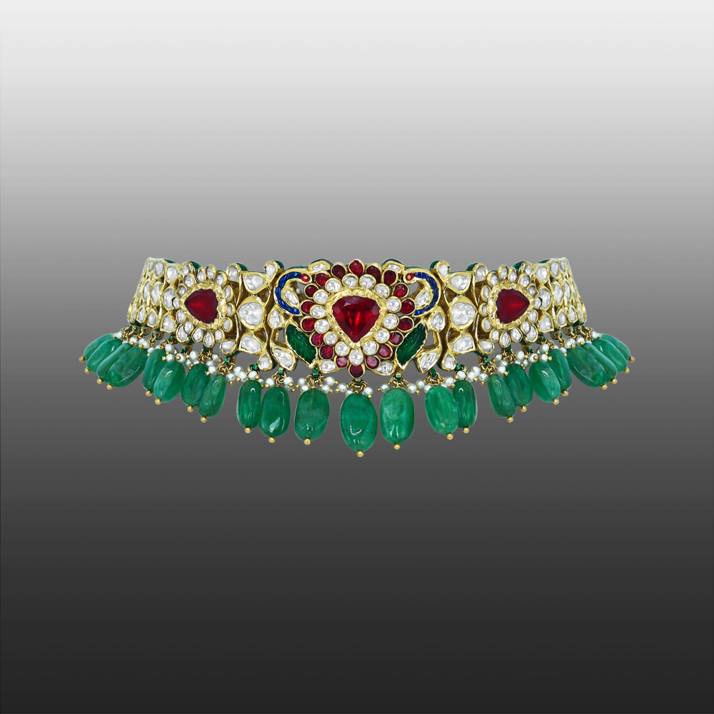 Polki Choker with Emerald Drops and Red Stone Motif